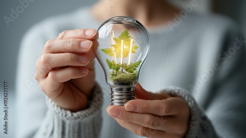 Professional woman changes light bulb to LED in minimalist office for Earth Day celebration