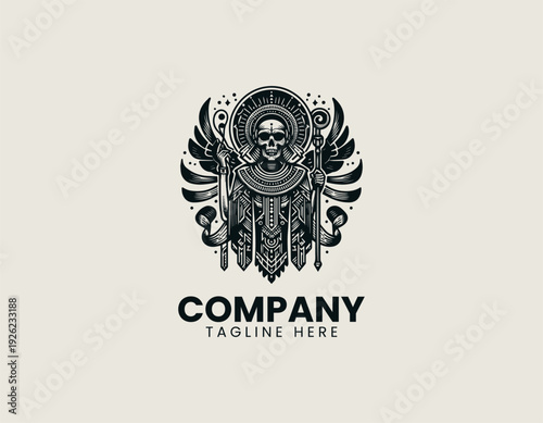 Ancient Egyptian bird skull figure holding ceremonial staff black vector logo illustration