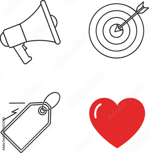 Marketing and advertising icons with heart and target