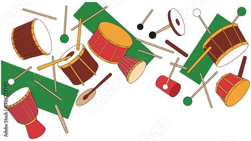 Drum colorful illustration with various percussion instruments and green shapes