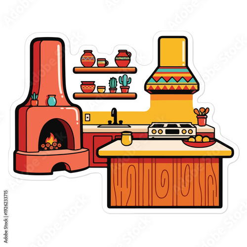 Colorful kitchen with fireplace and stove