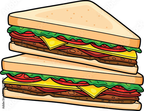 Vibrant cartoon of two stacked triangular sandwich halves with lettuce tomato cheese and meat.