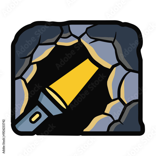 A flashlight shines in a cave