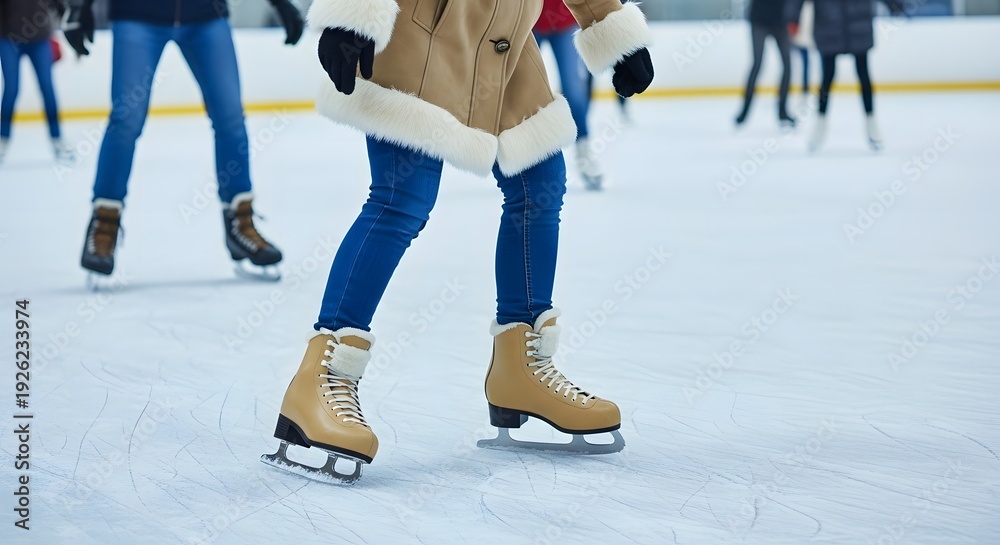 Fototapeta premium Woman ice skating on frozen rink with friends in background