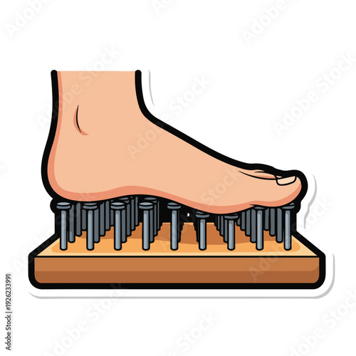 A foot on a wooden board with metal spikes