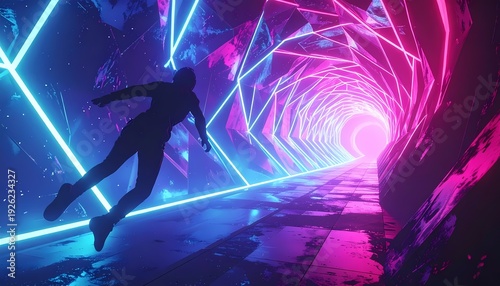 Digital Traveler in Vibrant Neon-Lit Sci-Fi Tunnel