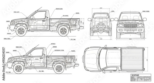 Detailed Technical Drawing of Pickup Truck.