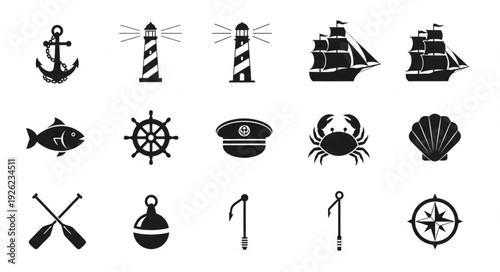 Collection of nautical themed icons representing maritime elements and symbols.