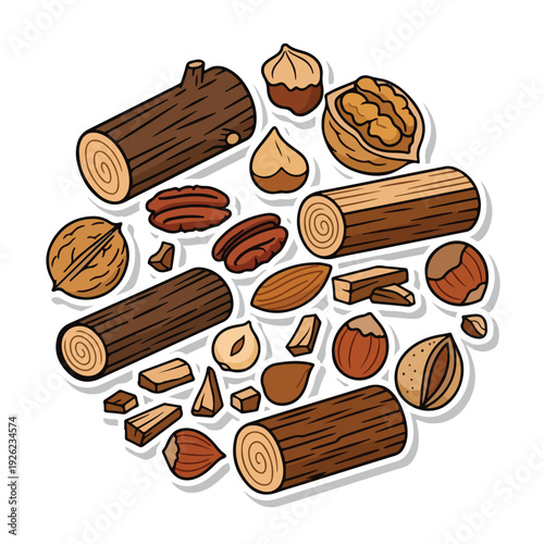 Cartoon illustration of assorted nuts and wood logs
