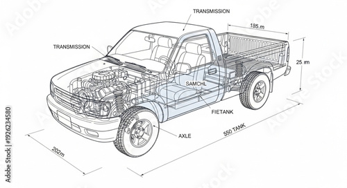 Detailed Technical Drawing of Pickup Truck.
