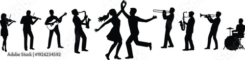 Music performance silhouettes, live band, violin player, guitar icon, saxophone musician, trumpet design, trombone illustration, drummer, dancing couple, entertainment, celebration, vector art