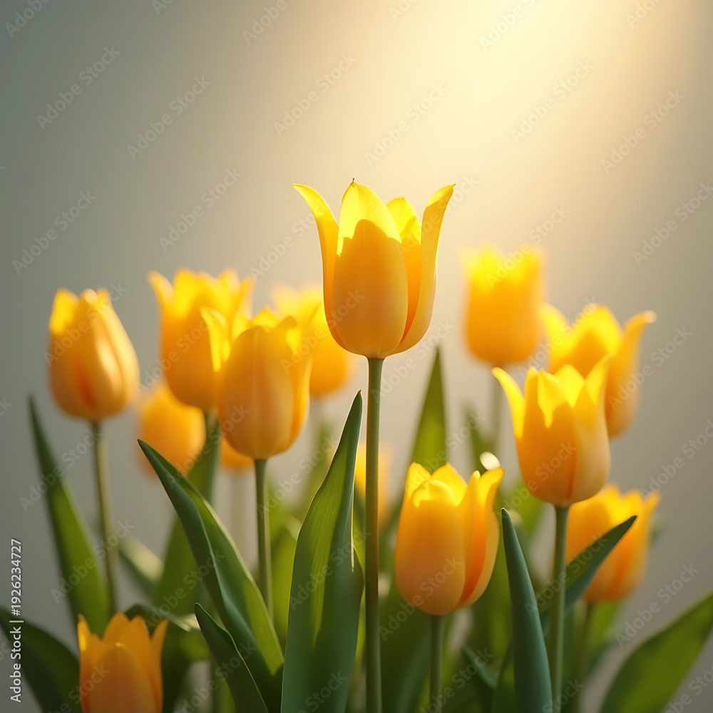 Fototapeta premium Yellow tulips on gray background with sunlight for spring advertising space Generative AI
