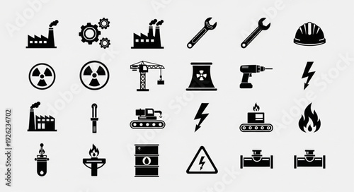 Industrial and construction icons representing various tools and equipment for industry.