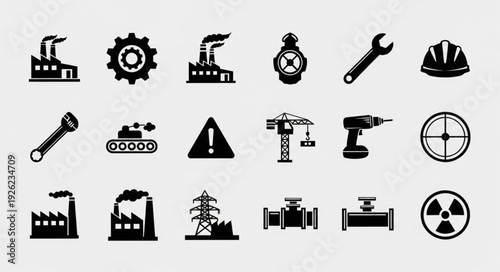 Industrial Icons Collection Representing Factories, Tools, and Machinery.