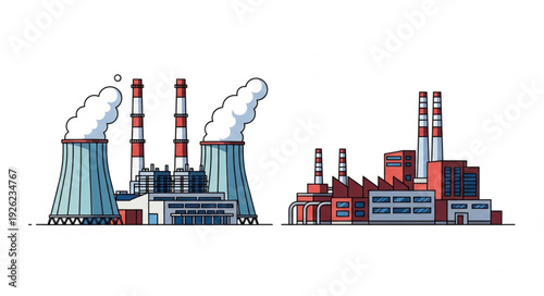 Industrial power plants emitting smoke into the atmosphere, environmental pollution concept.