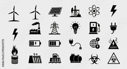 Collection of energy icons representing various power sources and sustainability concepts.
