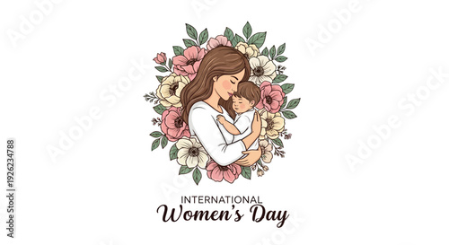 Illustration of a woman embracing a child surrounded by flowers and greenery celebrating International Women's Day with a floral design on a white background.