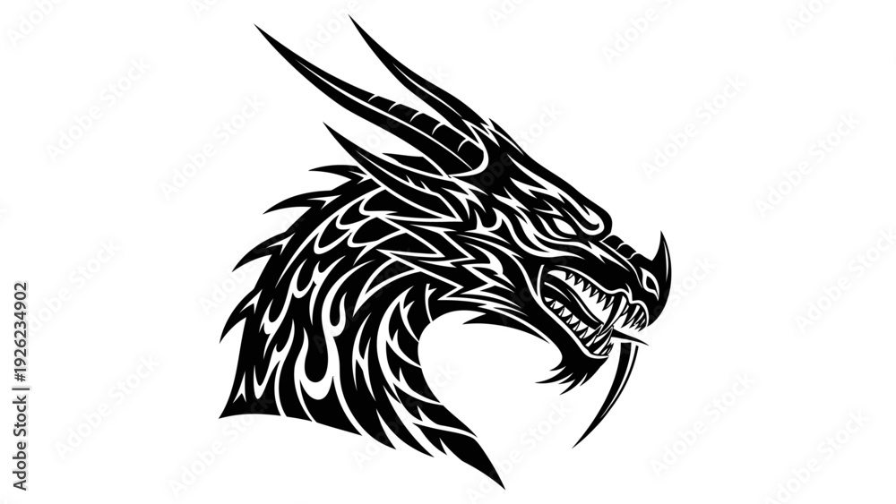 Fototapeta premium Tribal Dragon Head Tattoo Design, Fierce Mythical Creature, Black and White