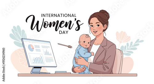 Illustration of a businesswoman breastfeeding a baby at her desk on International Women's Day, celebrating gender equality and women's empowerment in the workplace with a modern and