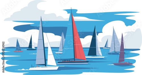 Sailboat regatta illustration, colorful yachts sailing on blue ocean under cloudy sky vector seascape artwork