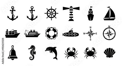 Collection of nautical and marine themed icons and symbols in black and white.