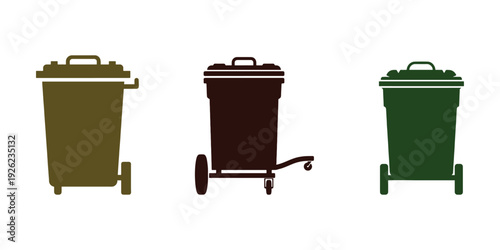 Icon of a large trash can equipped with wheels. A garbage container depicted from the front view. This is a simple flat graphic illustration in vector format. The object is isolated against a white bg