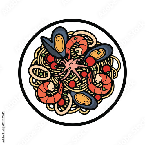 Colorful seafood pasta dish