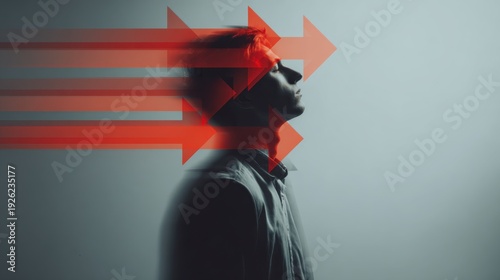 A man's profile with arrows indicating direction and motion, with focus on the forward path. The image represents the decision making and goals pursuit in business.