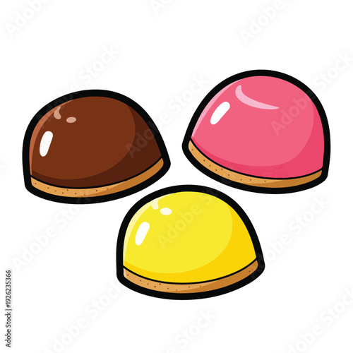 Colorful cartoon illustration of three dessert domes