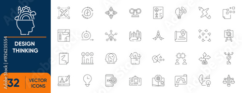 Design Thinking Icon Set. Containing Innovation Process, Creative Problem Solving, Strategy, Creativity, Solution and more. Editable vector Line icons collection.