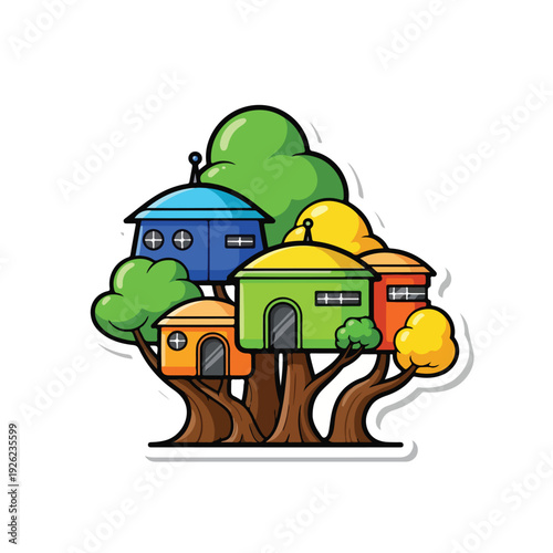 Colorful treehouses on a large tree