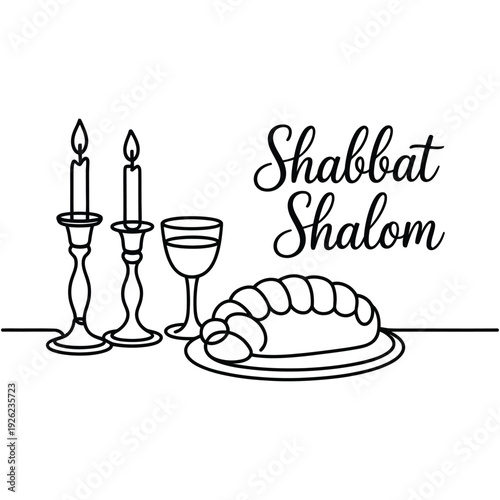 Shabbat Shalom greeting shows two candles, wine glass, and braided.