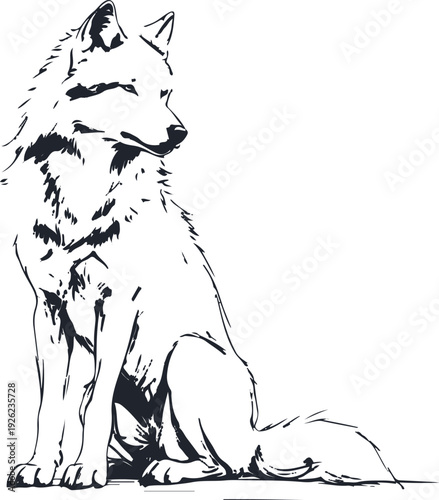 Wolf sitting calm posture contour drawing, elegant thin lines, high negative space