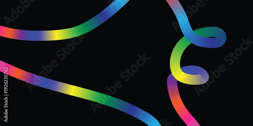 Rainbow colored swirling ribbons on a black background