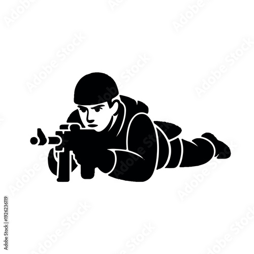Sniper in tactical gear aiming rifle with precision and focus