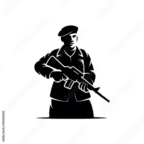 Soldier in black uniform holding rifle with serious expression