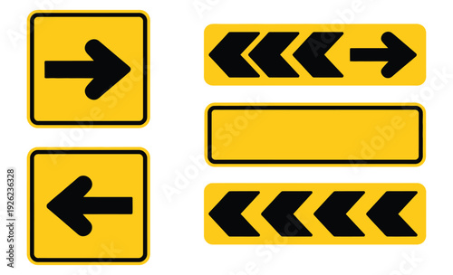 Set of Yellow Road Signs with Black Arrows Flat Vector Traffic Signs Caution, Direction, and Alert Symbols for Roadwork, Driving, and Navigation Design