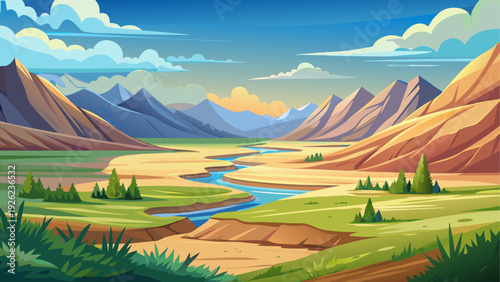 A large open natural valley with smooth ground surface surrounded by distant hills clear sky enhances peaceful and minimal environment clean vector illustration flat design uncluttered composition