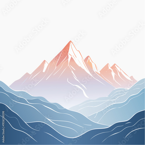 Stylized mountain landscape illustration with serene blue hills and vibrant sunrise peaks