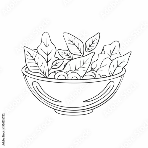 Hand-drawn outline of a fresh, healthy green salad in a bowl, symbolizing nutritious eating for wellness and vitality