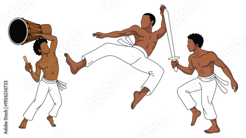 Capoeira vector illustration of three men in dynamic poses with colorful background