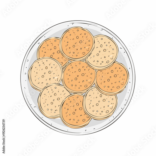 Hand-drawn sketch of a plate full of crispy Indian papadum, a traditional appetizer snack