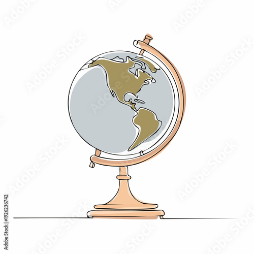 One line art illustration of a terrestrial globe with the Americas. Minimalist world map concept