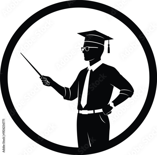 Graduation education icon, teacher pointing, silhouette