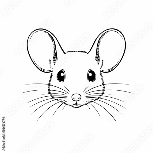 Adorable cartoon mouse face with big ears and whiskers, black and white illustration