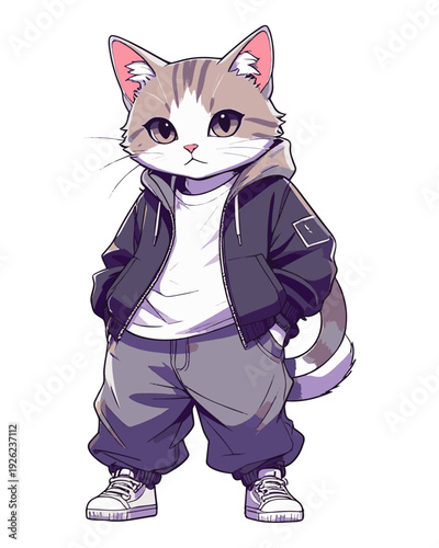 An adorable anime-style anthropomorphic cat dressed in modern street fashion, standing confidently against a clean white background.
