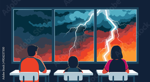 Vector illustration of students watching a dramatic thunderstorm with lightning striking through a window