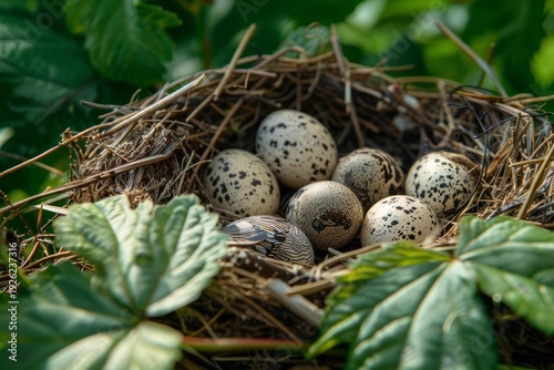 Nest holding speckled eggs and a newly hatched bird among vibrant green leaves, showcasing the beauty of new life in nature