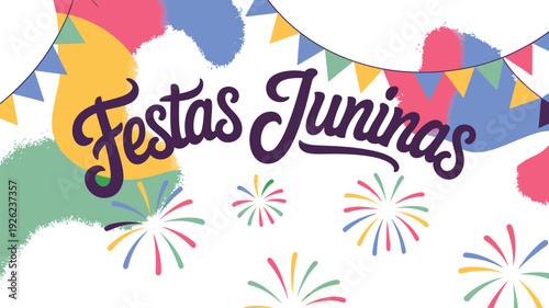 Festas Juninas festive banner with colorful fireworks and flags illustration