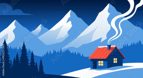 Cozy cabin in a snowy mountain landscape, a charming vector illustration for winter themes